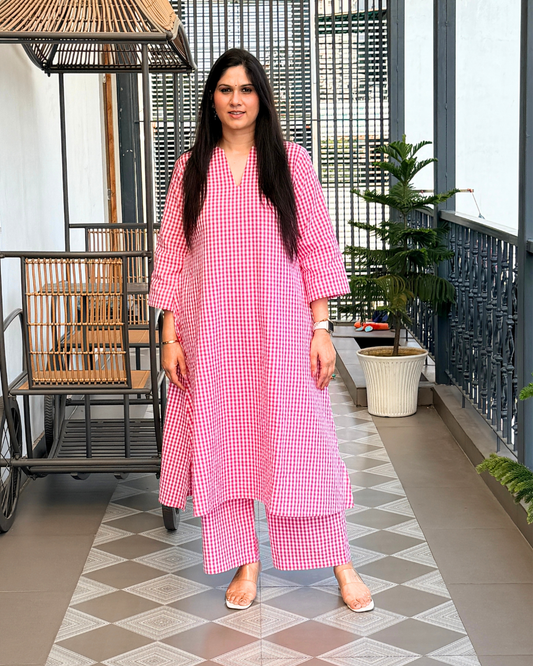 Blush Gingham Kurta Set