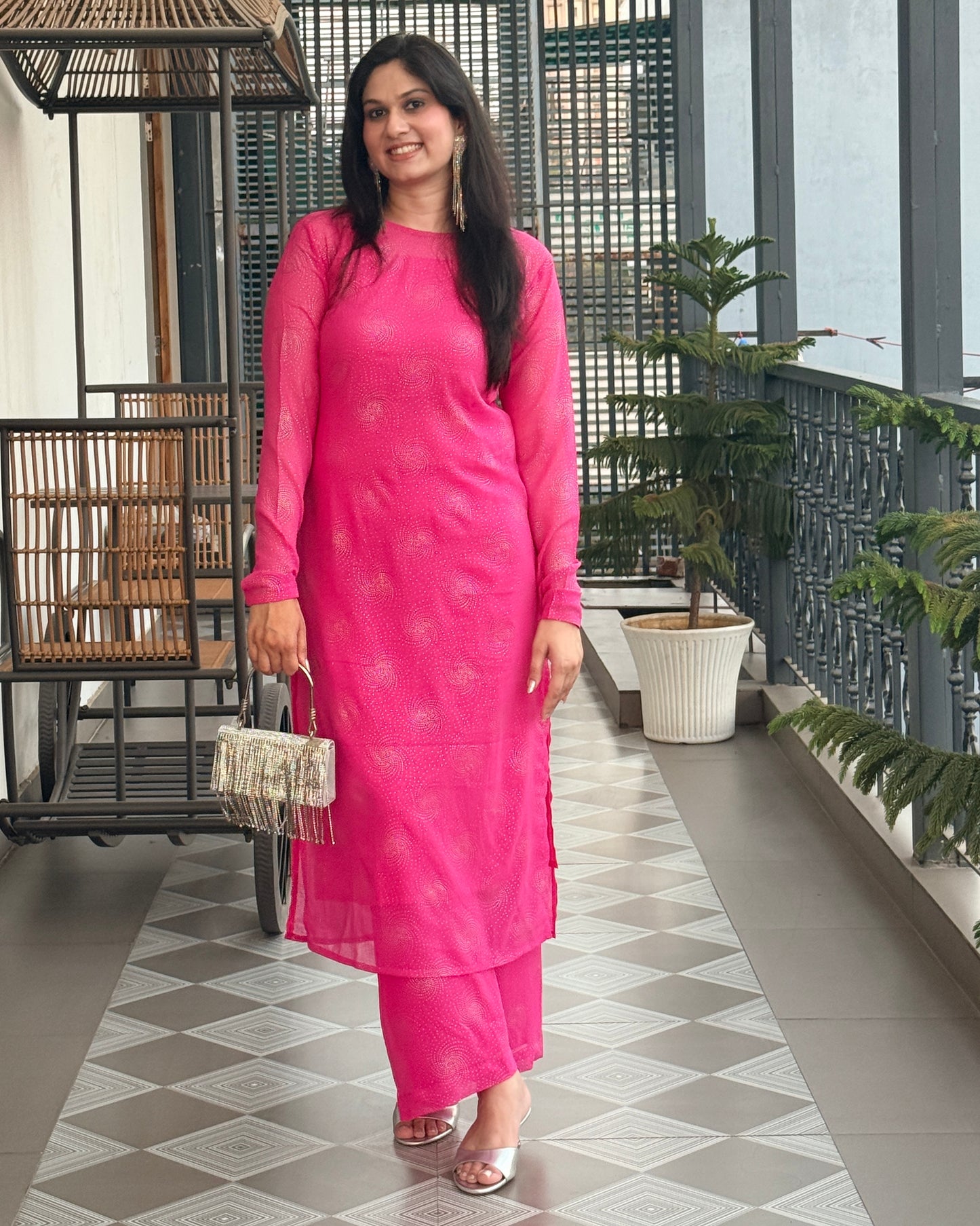 Chandni Noor 3-Piece Chiffon Set (RANI PINK)