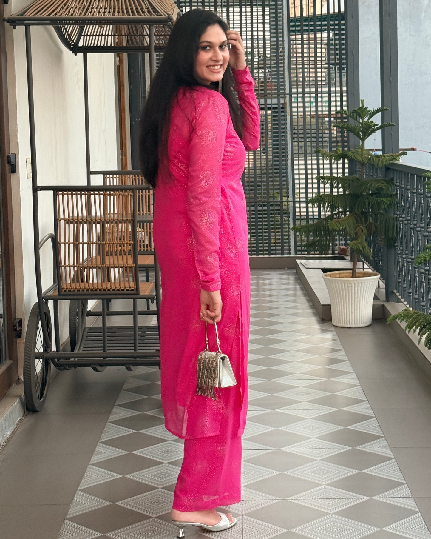 Chandni Noor 3-Piece Chiffon Set (RANI PINK)