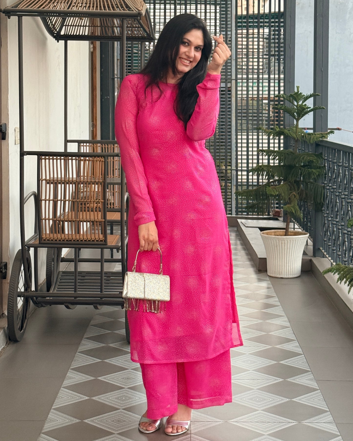Chandni Noor 3-Piece Chiffon Set (RANI PINK)