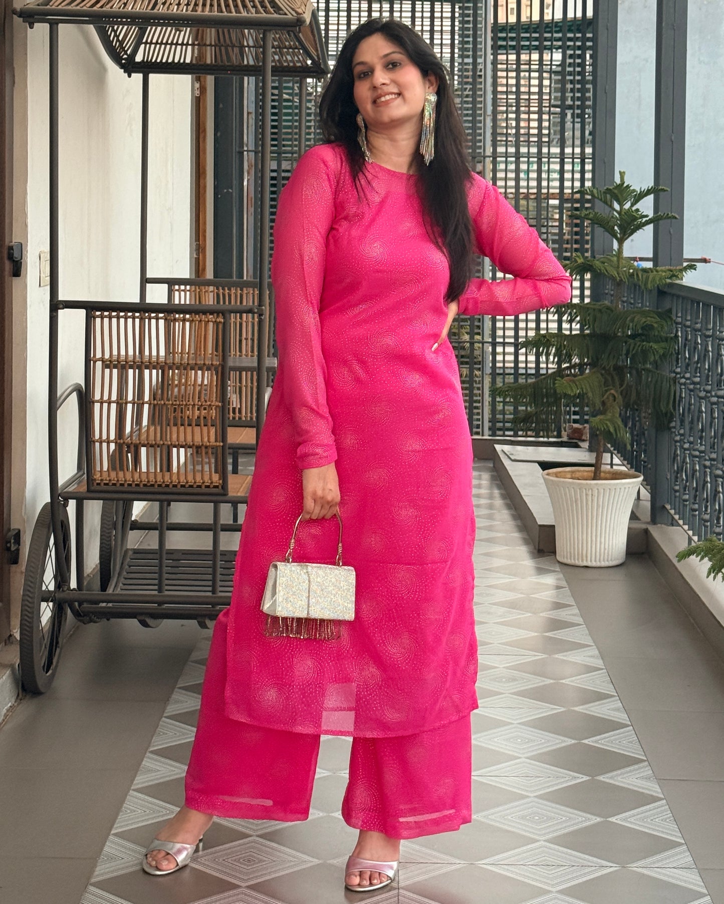 Chandni Noor 3-Piece Chiffon Set (RANI PINK)