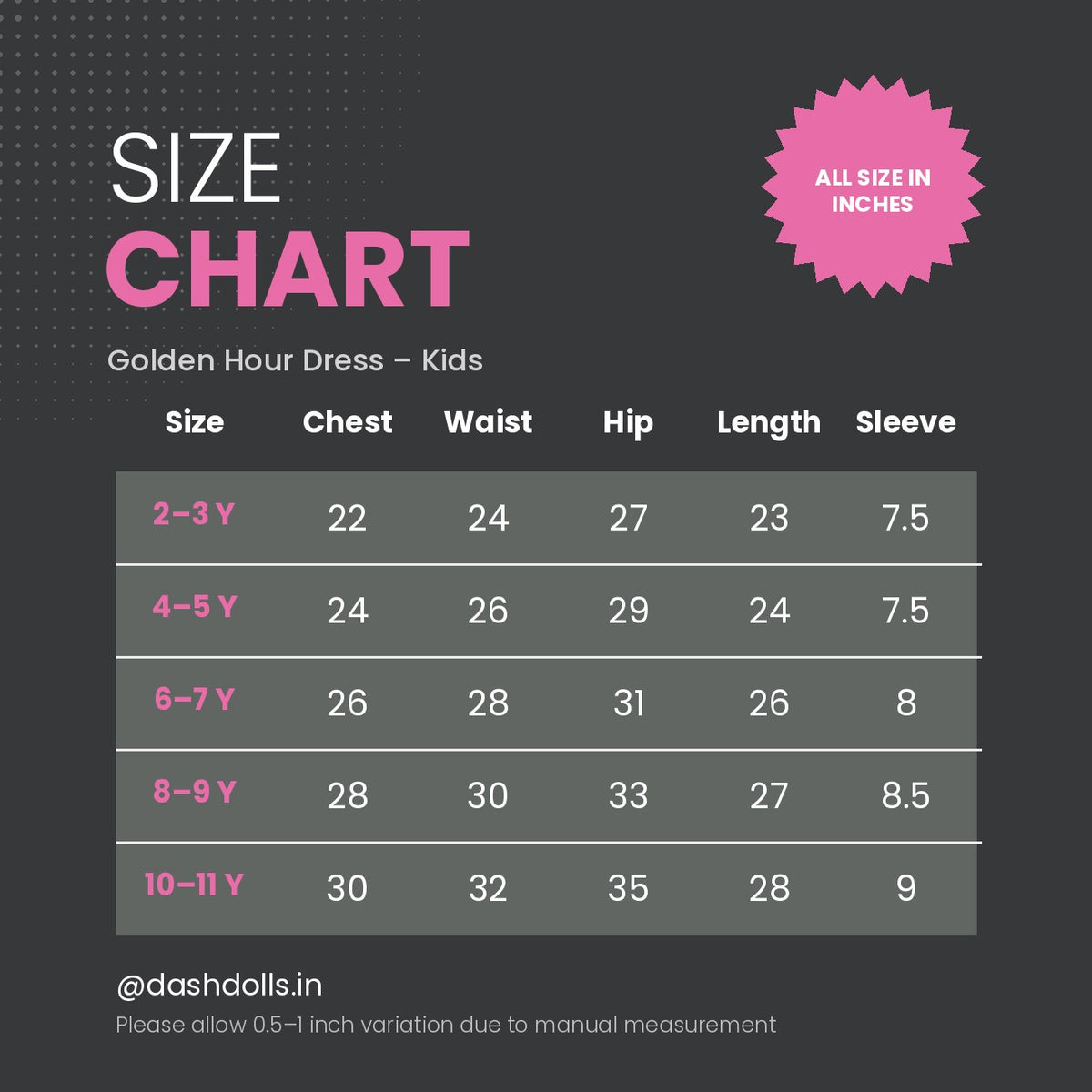 Golden Hour Dress – Kids - size chart