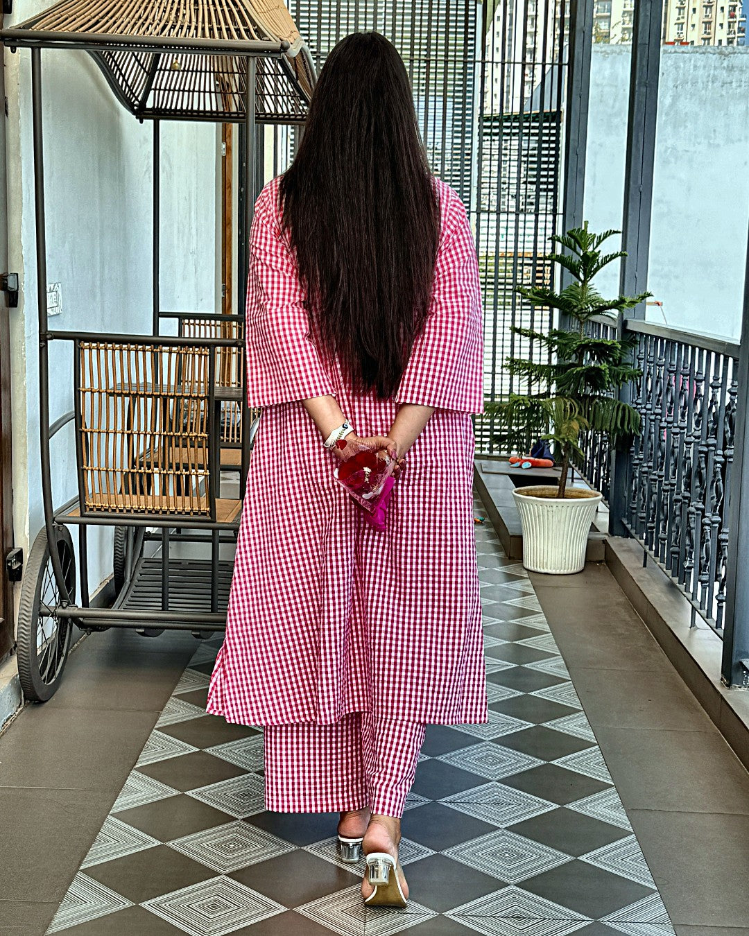 Blush Gingham Kurta Set