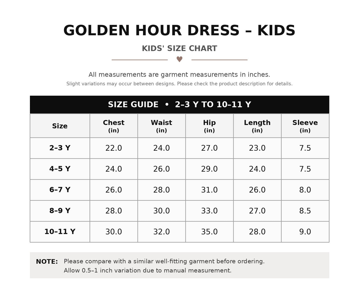Golden Hour Dress – Kids – Size Chart