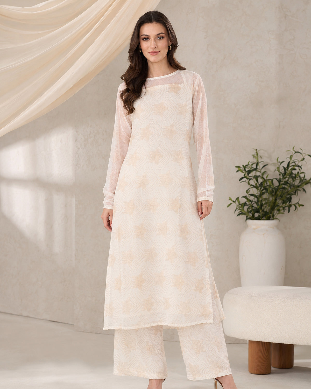 Chandni Noor 3-piece chiffon kurta set in ivory, front view