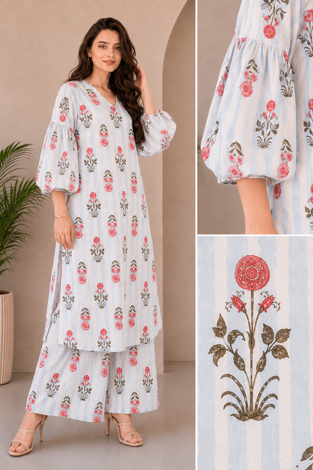 Peekaboo Blue Kurta Set - print detail
