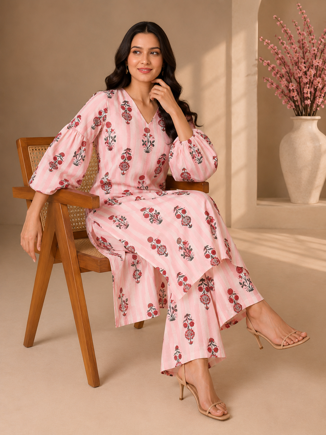 Peekaboo Pink Kurta Set - studio seated