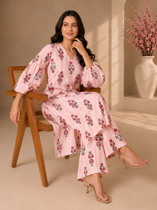 Peekaboo Pink Kurta Set - studio seated