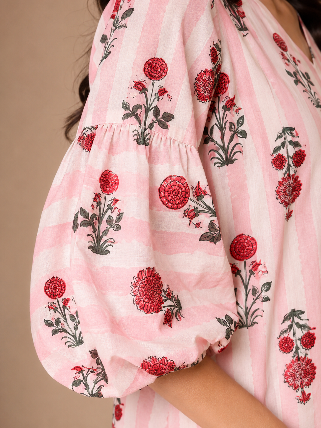 Peekaboo Pink Kurta Set - puffed sleeve and poppy print detail