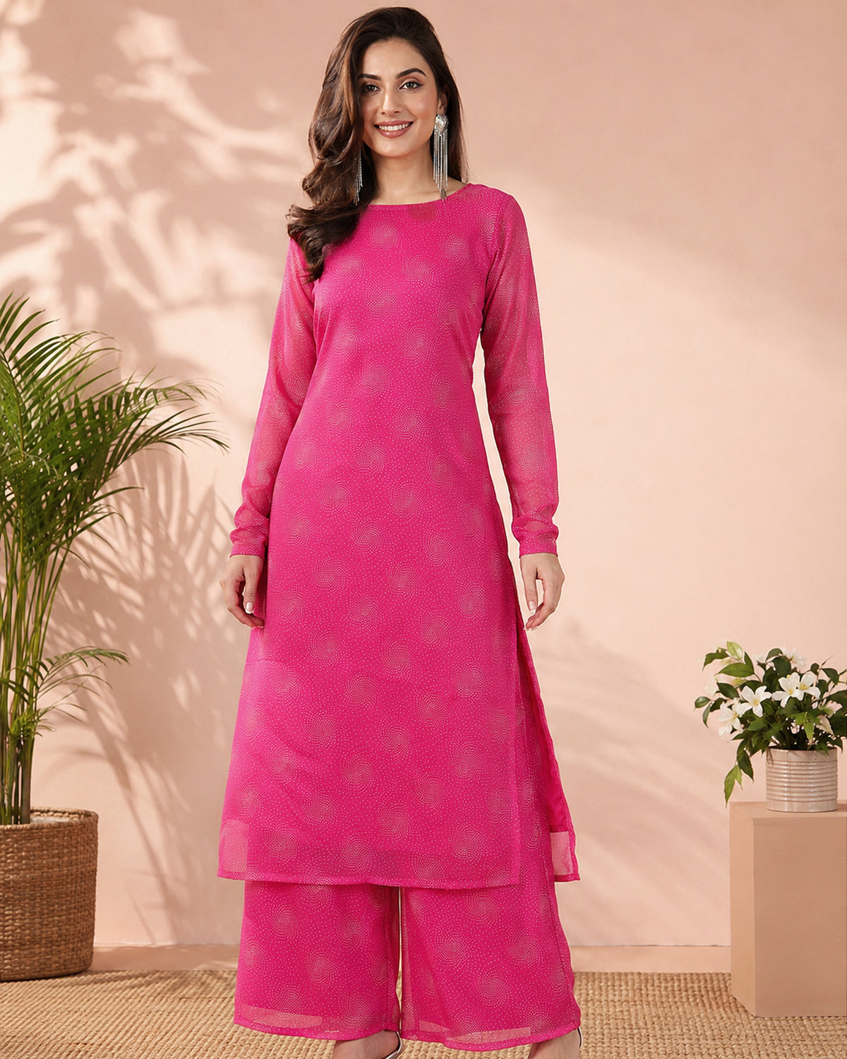 Chandni Noor 3-piece chiffon kurta set in rani pink, front view