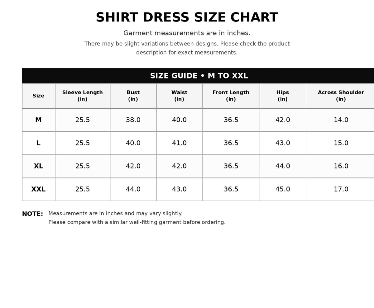 Blue Aura Shirt Dress – Size Chart
