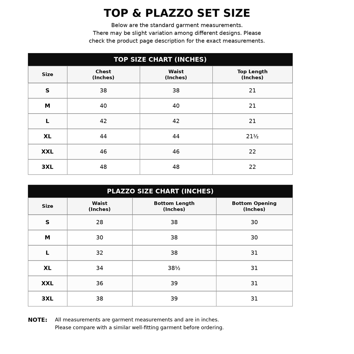 Gold Co-ord Set – Size Chart